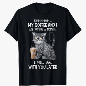 Source Unknown Black Graphic Tee with Gray Tabby Cat and Brown Coffee Cup